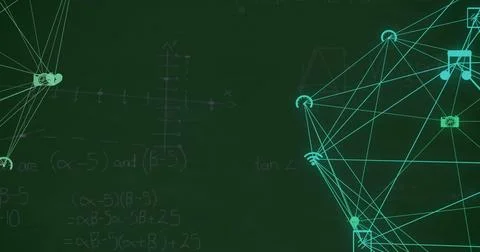 Image of network of media icons over mathematical equations on chalkboard Stock Illustration