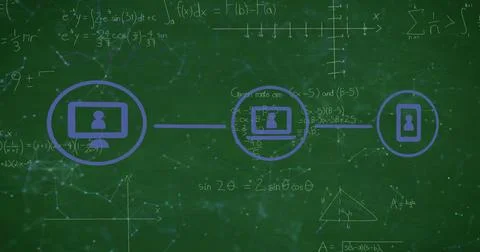 Image of network of media icons over mathematical equations on chalkboard Stock Illustration