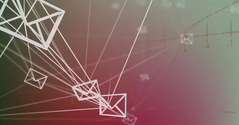 Image of network of message icons and mathematical equations against pink Stockfoto's