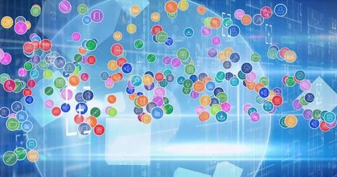 Image of network of multiple digital icons over light trails and spots of light Stock Illustration