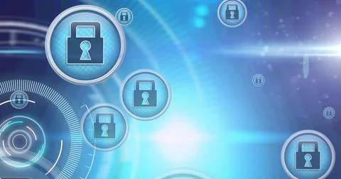 Image of network with online security padlock icons with scope scanning Stockfoto's