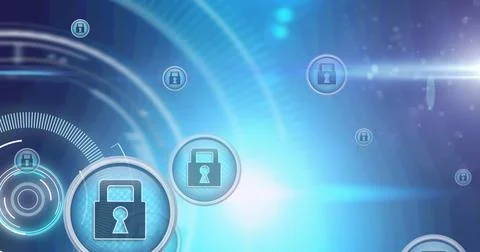 Image of network with online security padlock icons with scope scanning Stockfoto's