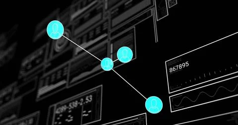 Image of network over charts and graphs processing data on black background Stock Photos