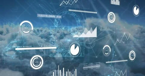 Image of network, padlock, charts and data processing over blue cloudy sky Illustrazione stock