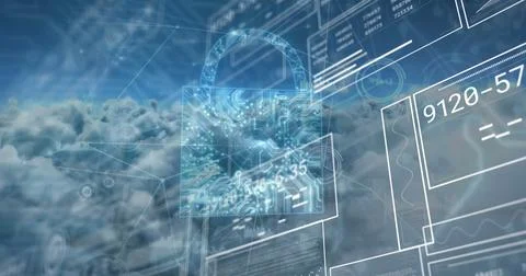 Image of network, padlock, charts and data processing over blue cloudy sky Stockfoto's