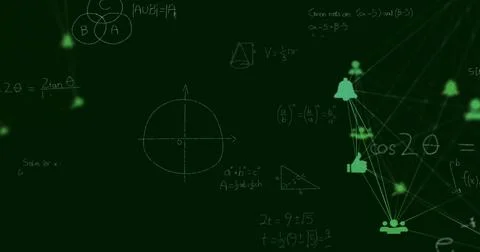 Image of network of people and media icons over mathematical equations on Illustrazione stock