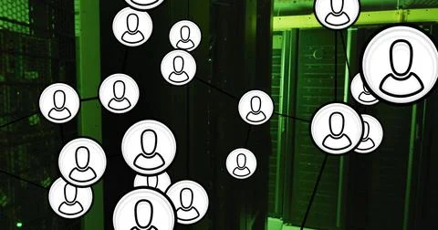 Image of network of people icons and digital data processing over computer Stock Illustration