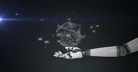 Image of network of processing data over hand of robot arm, with blue light on Stock Illustration