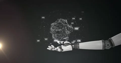 Image of network of processing data over hand of robot arm, on black background Stockillustratie