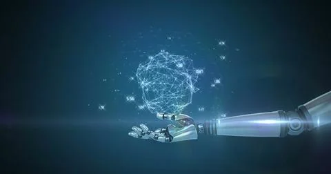 Image of network processing data over hand of robot arm, with moving light on Stockillustratie