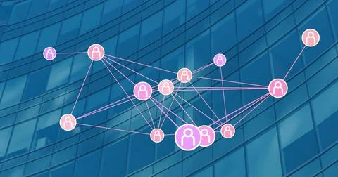 Image of network of profile icons against view of tall building Ilustración de archivo