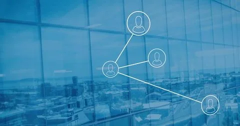 Image of network of profile icons against view of cityscape from office building Ilustración de archivo