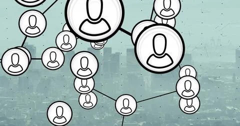 Image of network of profile icons against aerial view of cityscape Stock Photos