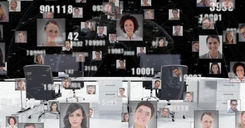 Image of network of profile icons and changing numbers over empty office and Stock Photos