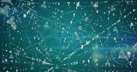 Image of network of profile icons, binary coding and light spot against blue Stock Illustration