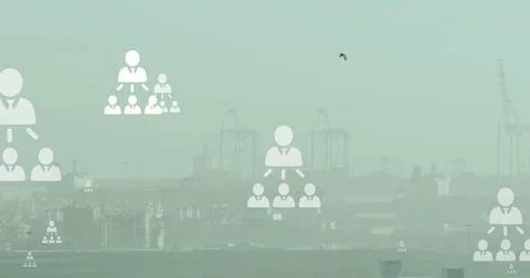 Image of network of profile icons floating against aerial view of cityscape Stock Photos