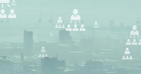 Image of network of profile icons floating against aerial view of cityscape Stock Photos