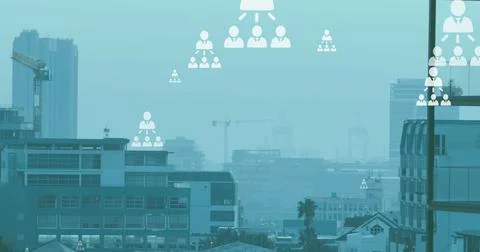 Image of network of profile icons floating against aerial view of cityscape Stock Photos