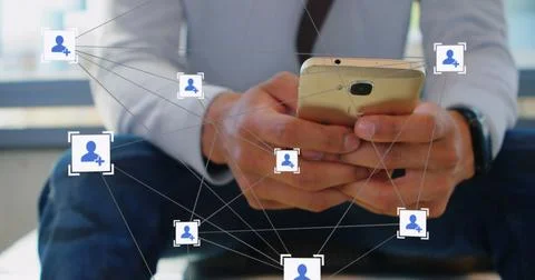 Image of network of profile icons over mid section of caucasian man using s.. Stock Photos