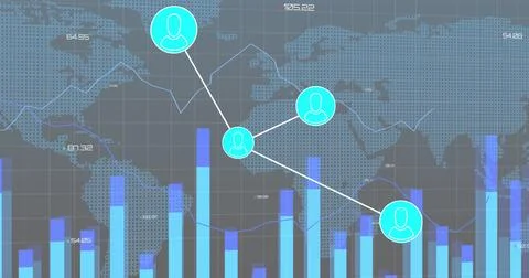 Image of network of profile icons, statistical data processing over world map on 스톡 사진