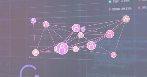 Image of network of profile icons, statistical, stock market data processing on 스톡 사진