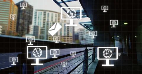 Image of network of screen icons with globes over train platform Stock Photos