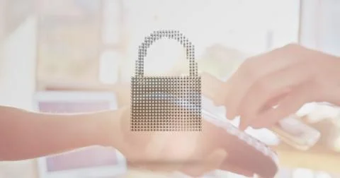 Image of network security padlock over people using payment terminal Foto stock