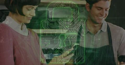 Image of network security padlock over people using payment terminal Stock Photos