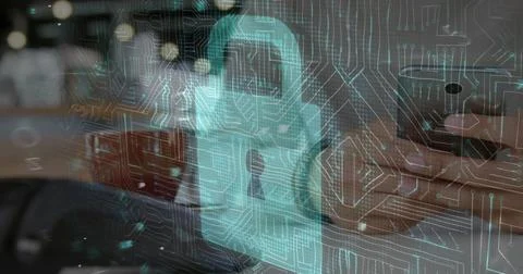 Image of network security padlock over people using payment terminal Foto stock