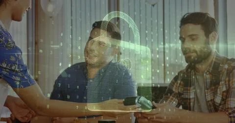 Image of network security padlock over people using payment terminal Stock Photos