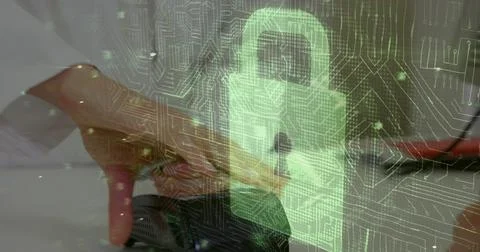 Image of network security padlock over people using payment terminal Stock Photos
