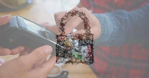Image of network security padlock over people using payment terminal Stockfoto's