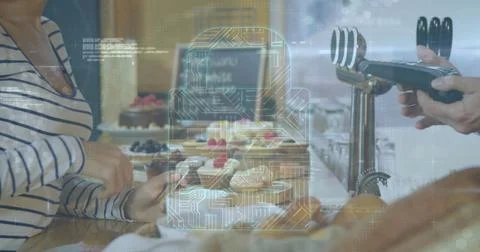 Image of network security padlock over people using payment terminal Foto stock