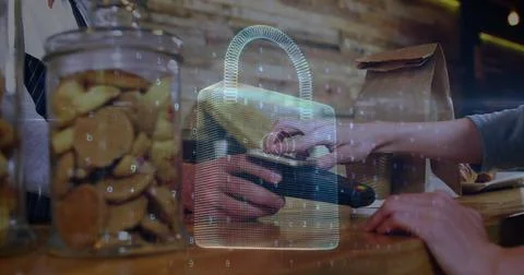 Image of network security padlock over people using payment terminal Foto stock