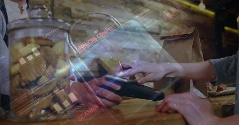 Image of network security padlock over people using payment terminal Foto stock