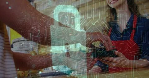 Image of network security padlock over people using payment terminal Stock Photos