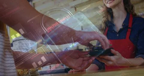 Image of network security padlock over people using payment terminal Foto stock