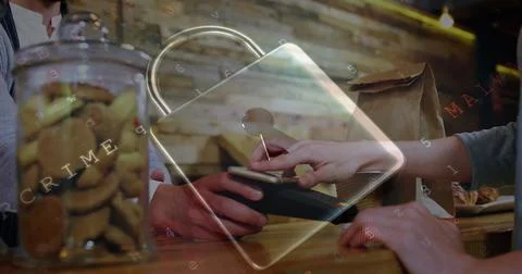 Image of network security padlock over people using payment terminal Stock Photos