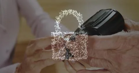 Image of network security padlock over people using payment terminal Stock Photos