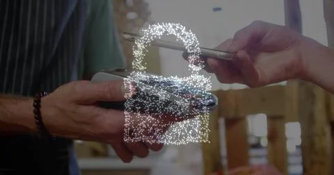 Image of network security padlock over people using payment terminal Foto stock