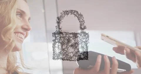 Image of network security padlock over people using payment terminal Stockfoto's