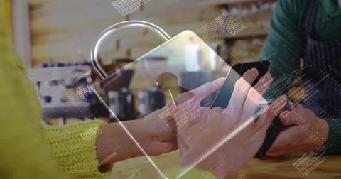 Image of network security padlock over people using payment terminal Foto stock