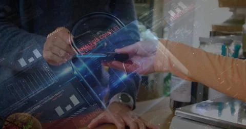Image of network security padlock over people using payment terminal Stock Photos