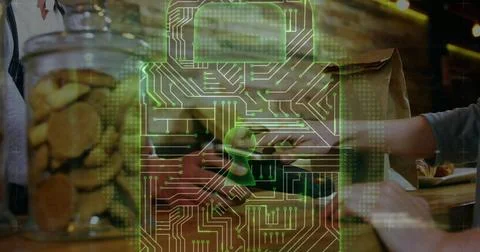 Image of network security padlock over people using payment terminal Foto stock