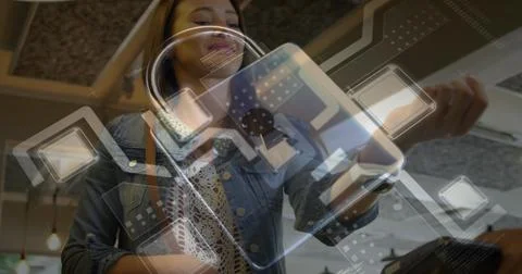 Image of network security padlock over people using payment terminal Foto stock