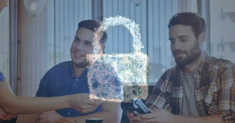 Image of network security padlock over people using payment terminal Foto stock