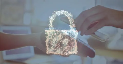 Image of network security padlock over people using payment terminal Stock Photos