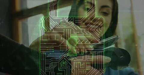 Image of network security padlock over people using payment terminal Stock Photos