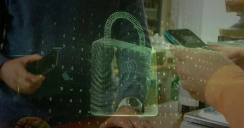 Image of network security padlock over people using payment terminal Foto stock