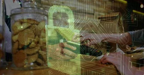 Image of network security padlock over people using payment terminal Stock Photos